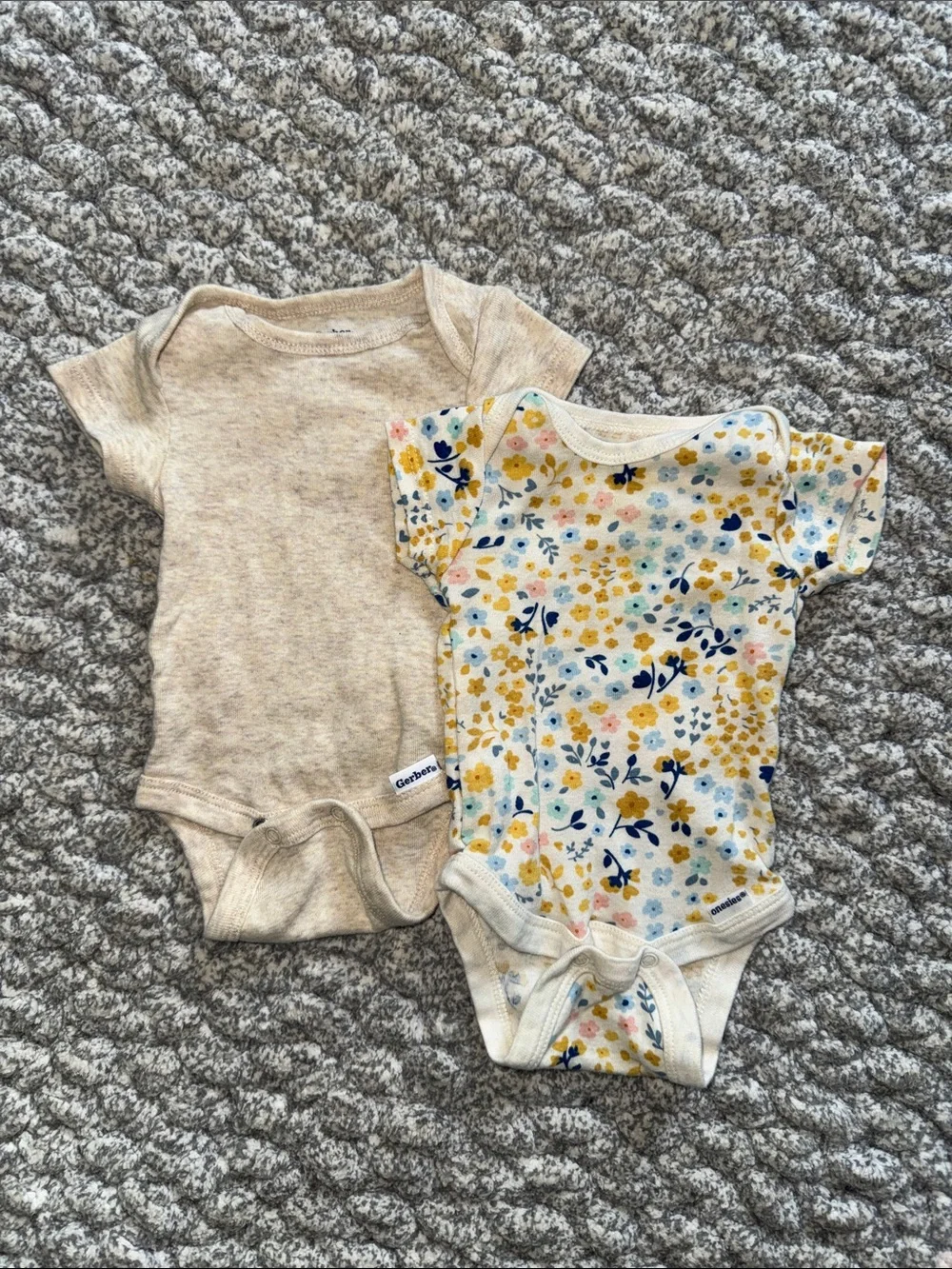 Gerber Cream Heather and Yellow Blue Floral Short-Sleeve One-Piece Set